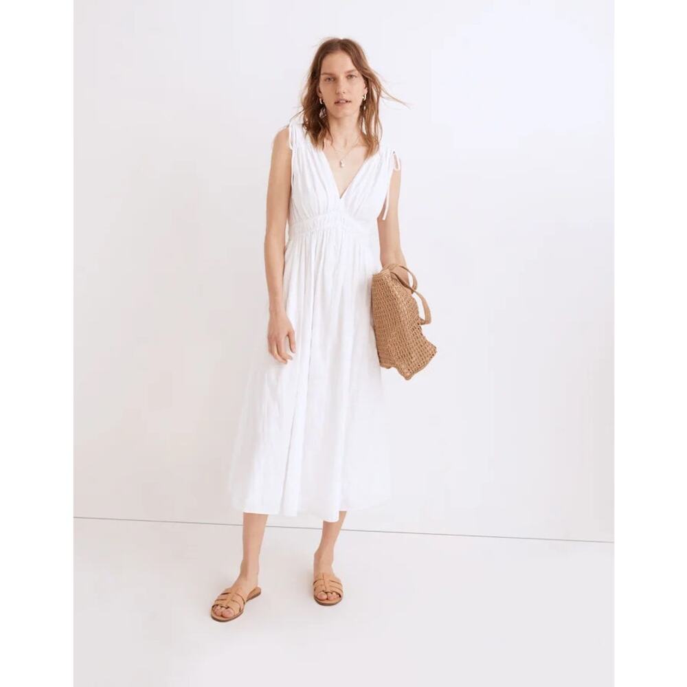 Madewell White Midi V-Neck Tie-Shoulder Dress